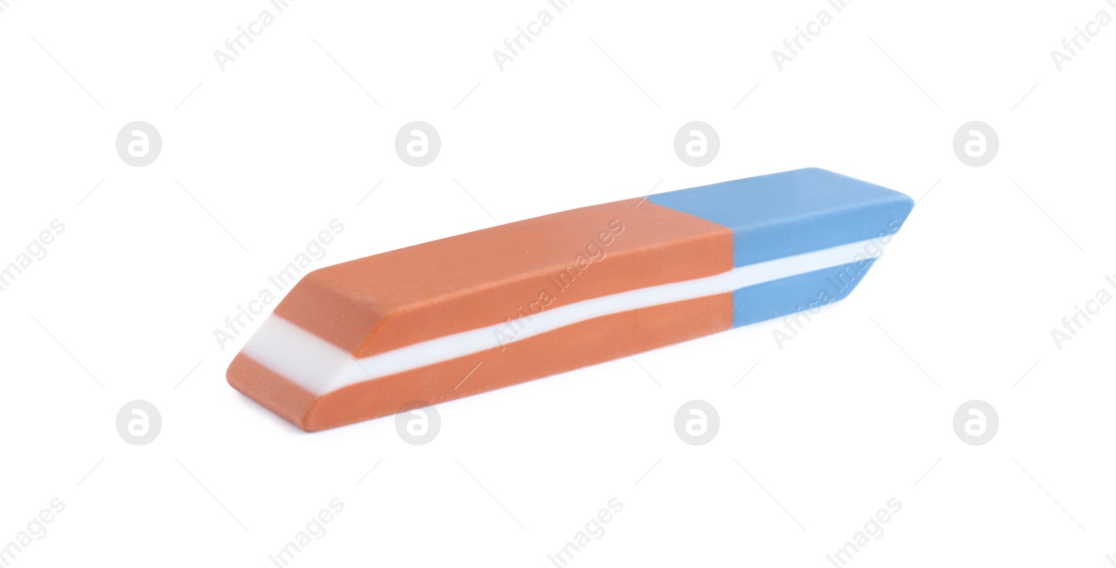 Photo of New double eraser isolated on white. School stationery