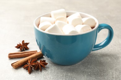 Tasty hot chocolate with marshmallows and spices on light grey table, closeup