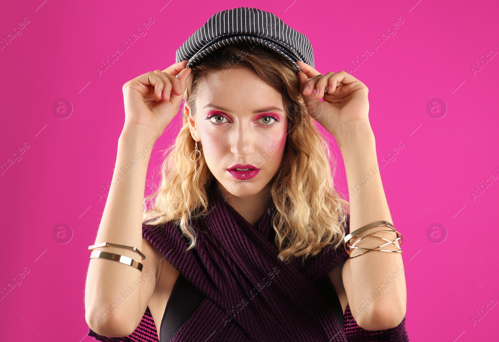 Photo of Beautiful young woman posing on color background. Summer fashion