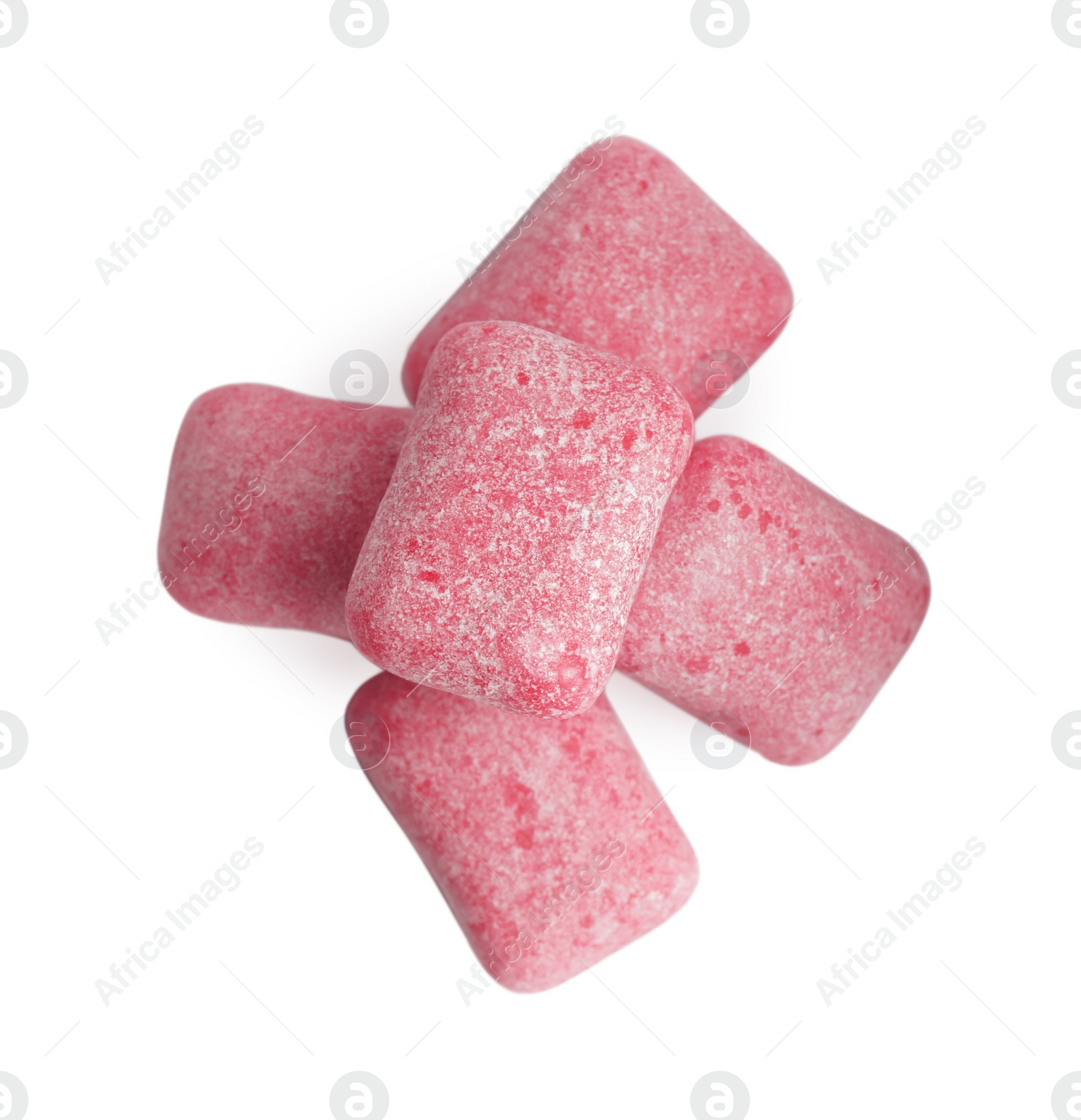 Photo of Heap of tasty sweet chewing gums on white background, top view