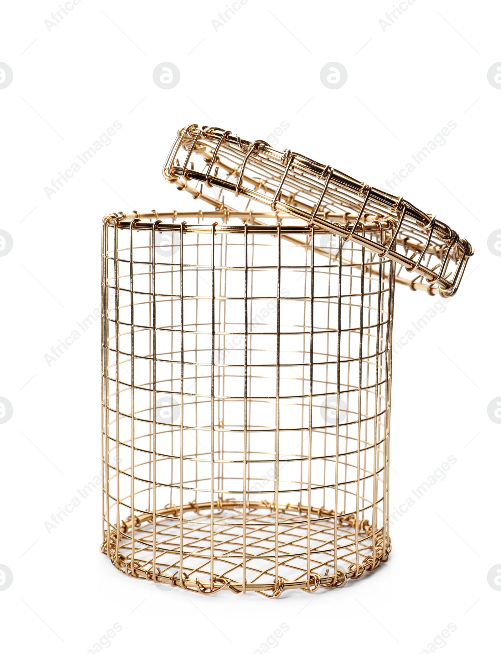 Photo of Metal basket with lid on white background