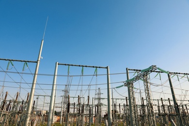 Photo of Modern electrical substation on sunny day, low angle view