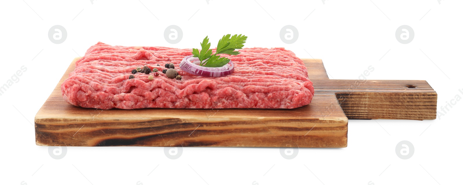 Photo of Board with raw ground meat, onion, peppercorns and parsley isolated on white