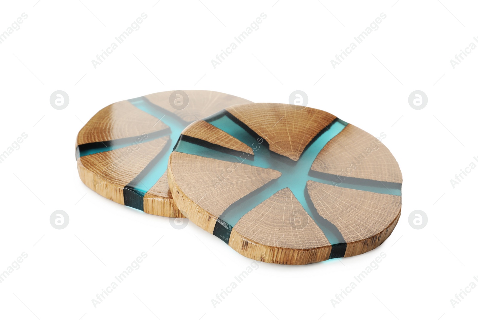 Photo of Stylish wooden cup coasters on white background