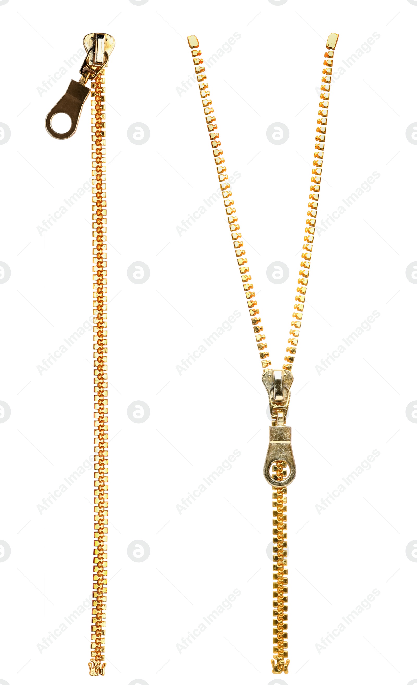 Image of Golden metal zippers on white background, collage