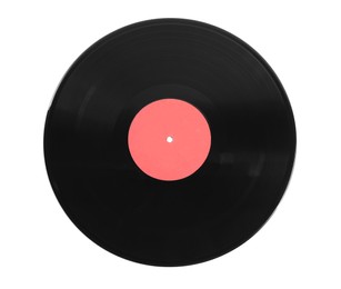 Vintage vinyl record on white background, top view