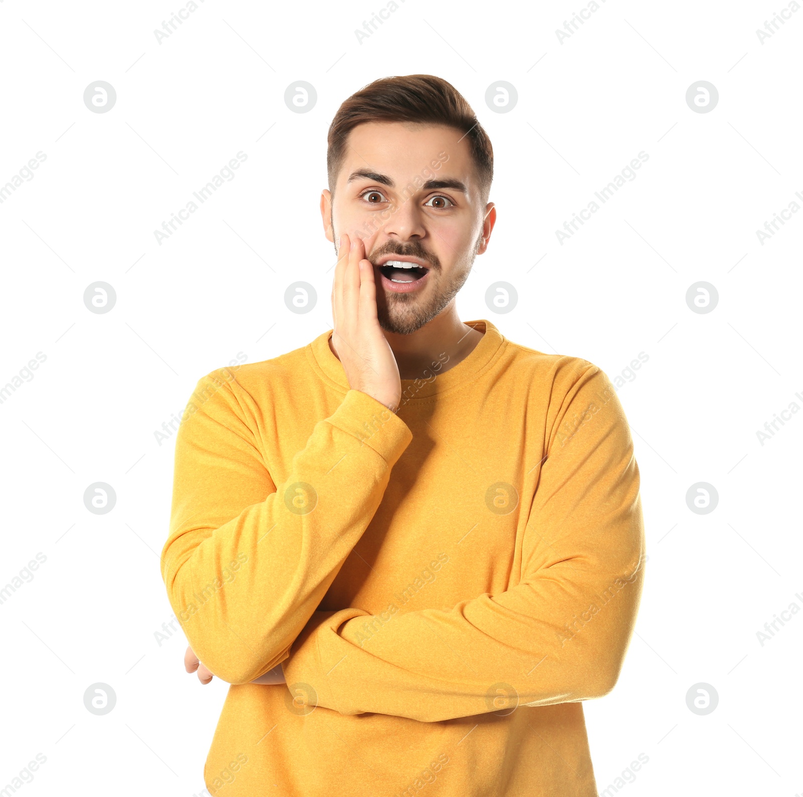 Photo of Portrait of emotional handsome man on white background