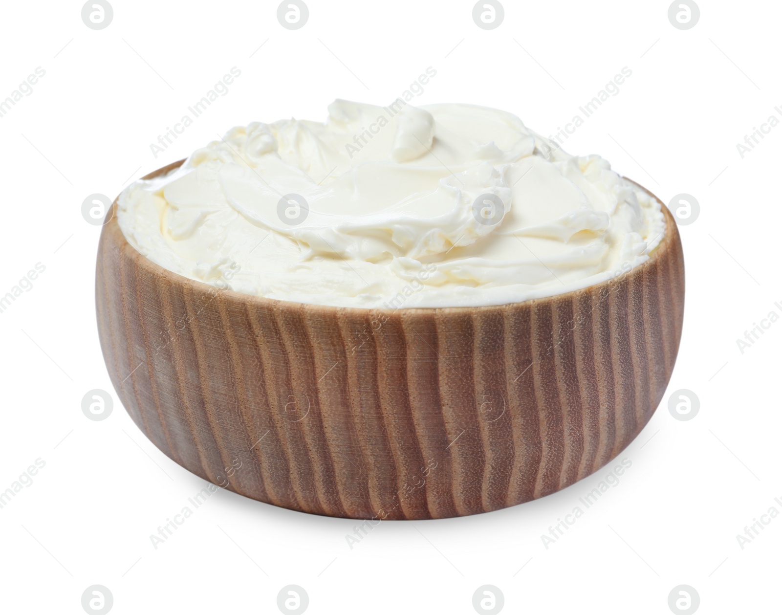 Photo of Bowl of tasty cream cheese isolated on white 