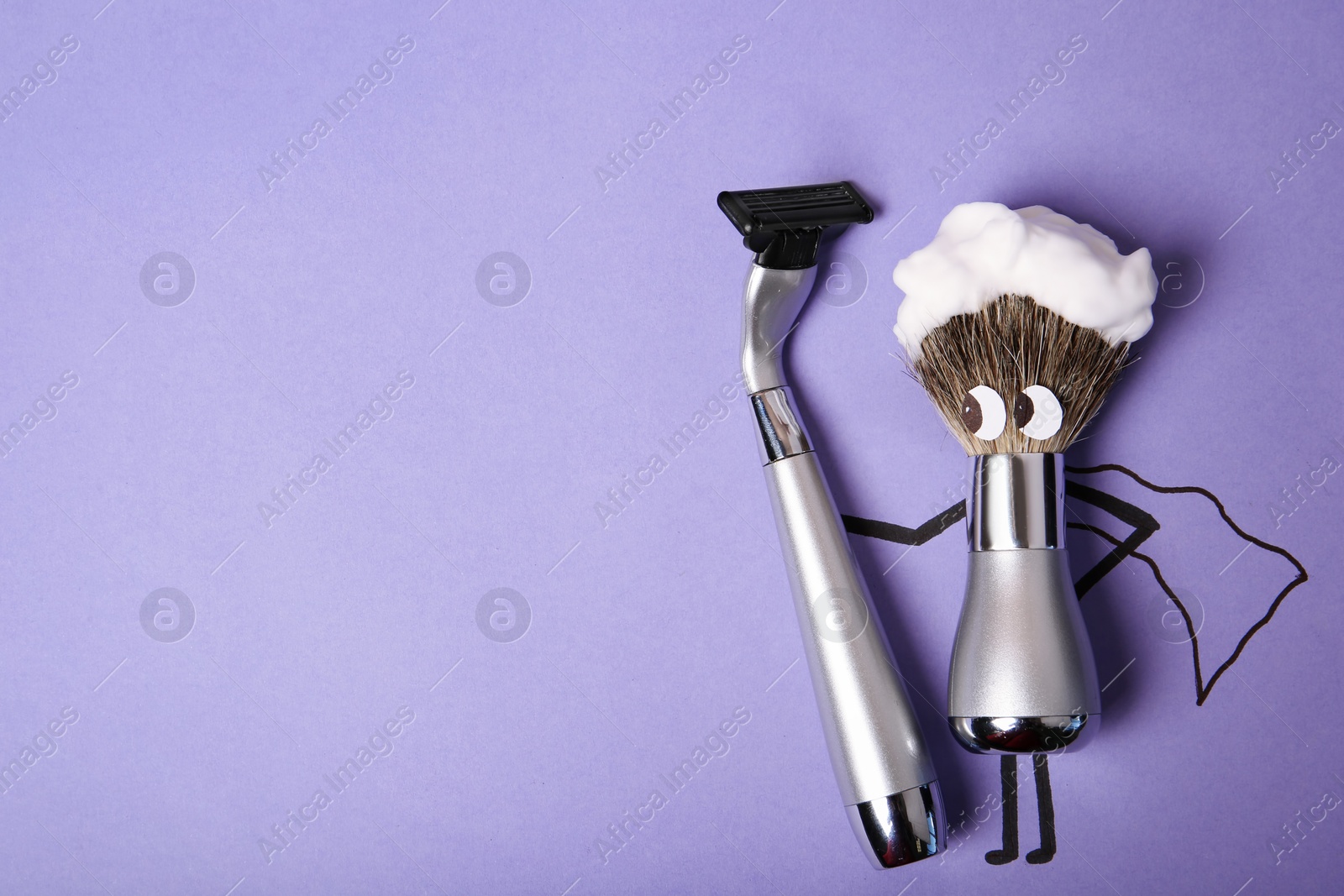 Photo of Creative flat lay composition with men's shaving accessories and space for text on color background