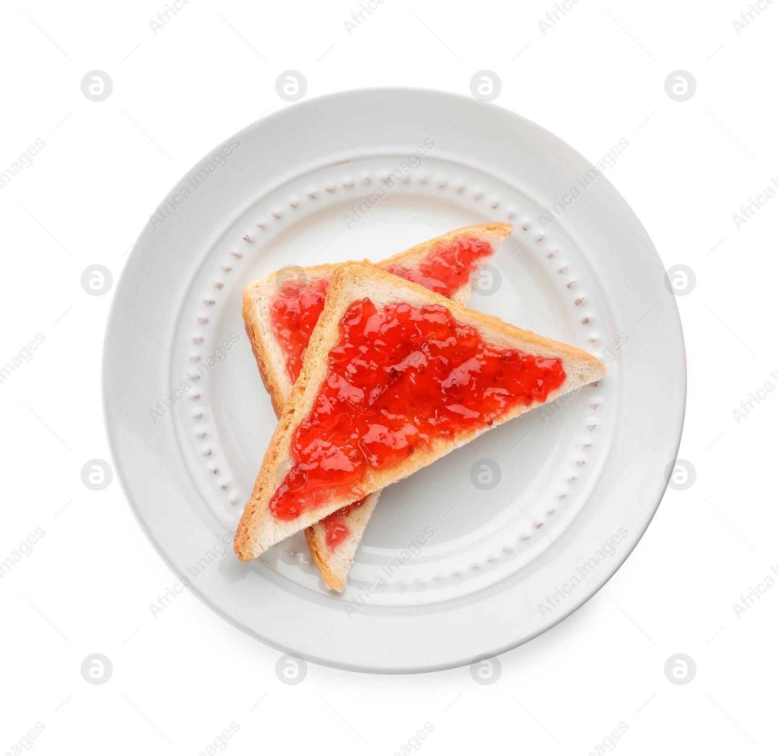 Photo of Toasts with jam on plate, isolated on white