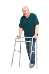 Elderly man with walking frame on white background. Medical help