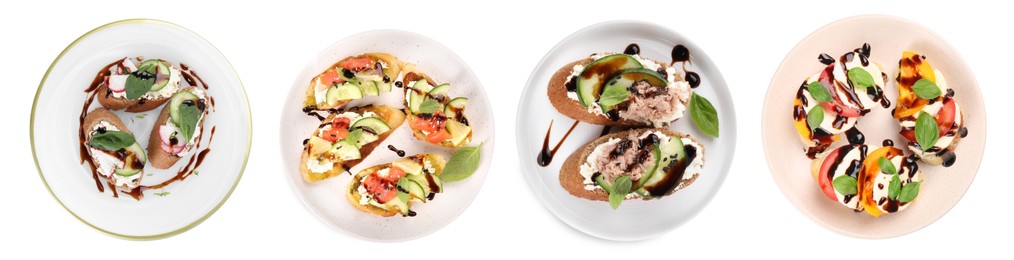 Image of Set of delicious bruschettas with cream cheese and balsamic vinegar isolated on white, top view