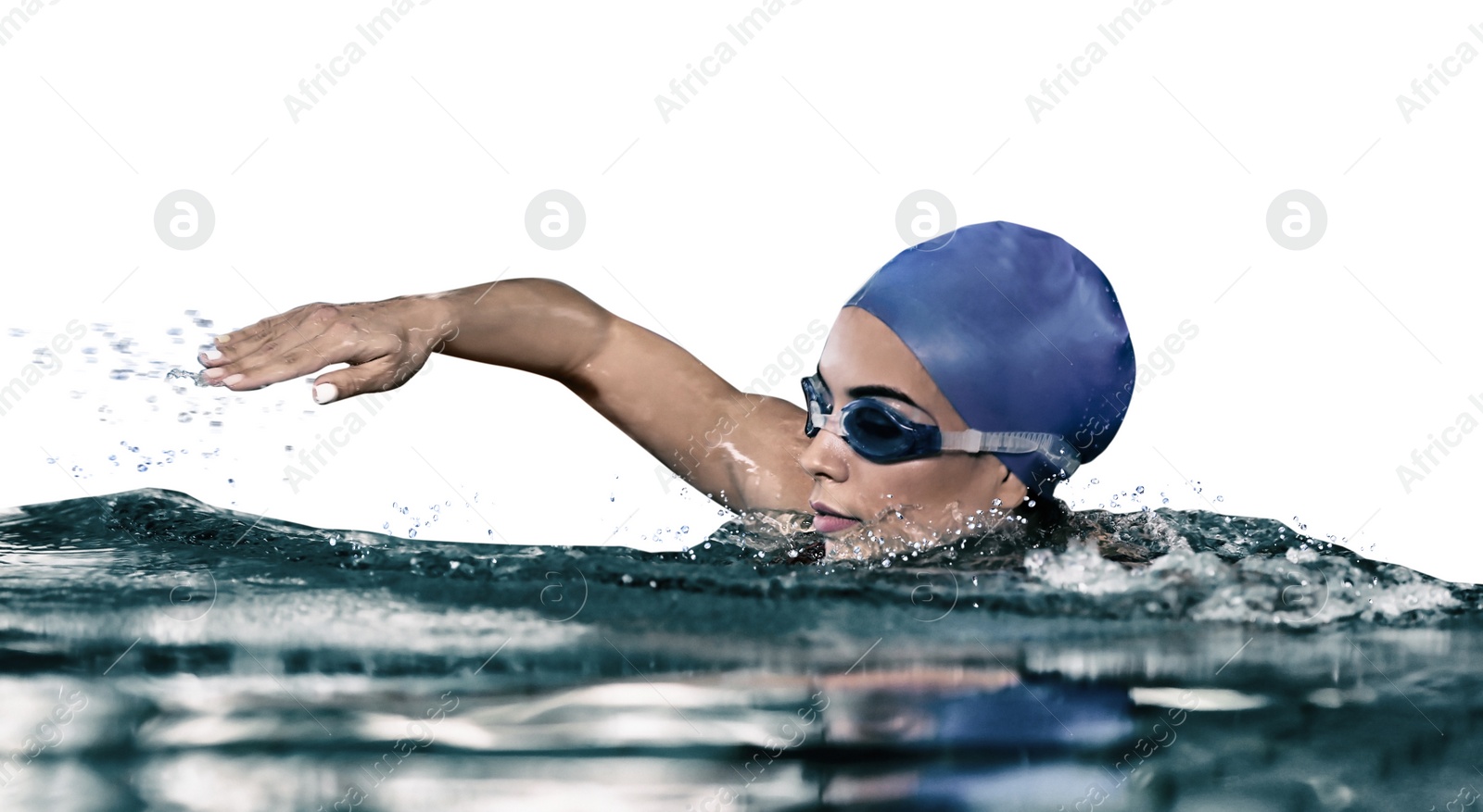 Image of Young athletic woman swimming in pool against white background