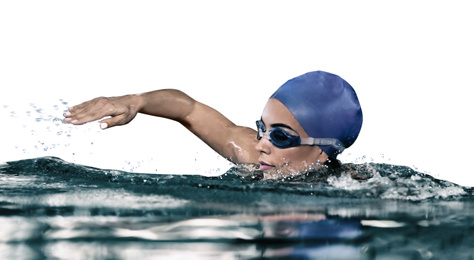 Image of Young athletic woman swimming in pool against white background