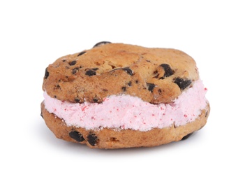 Photo of Sweet delicious ice cream cookie sandwich  on white background