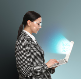 Image of Facial recognition system. Woman using laptop on grey background 