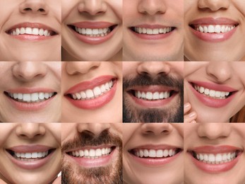 Image of People showing white teeth, closeup. Collage of photos