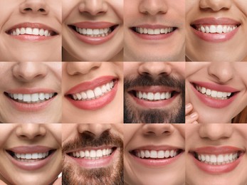 People showing white teeth, closeup. Collage of photos