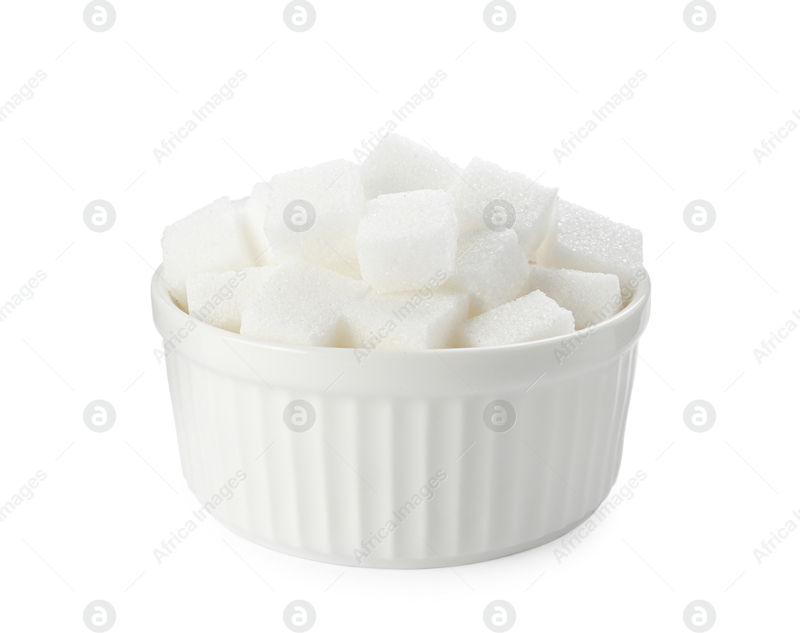 Photo of Bowl of sugar cubes isolated on white