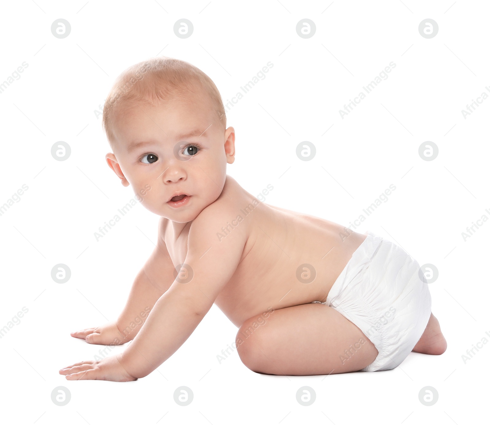 Photo of Cute little baby crawling on white background