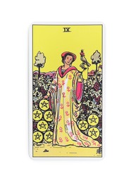 Photo of The Nine of Pentacles tarot card on white background, top view