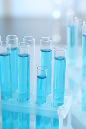 Photo of Test tubes with light blue liquid in laboratory, closeup