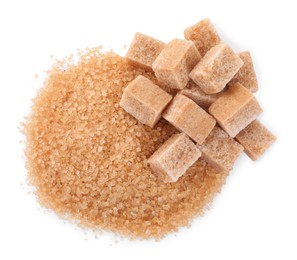 Photo of Different types of brown sugar isolated on white, top view