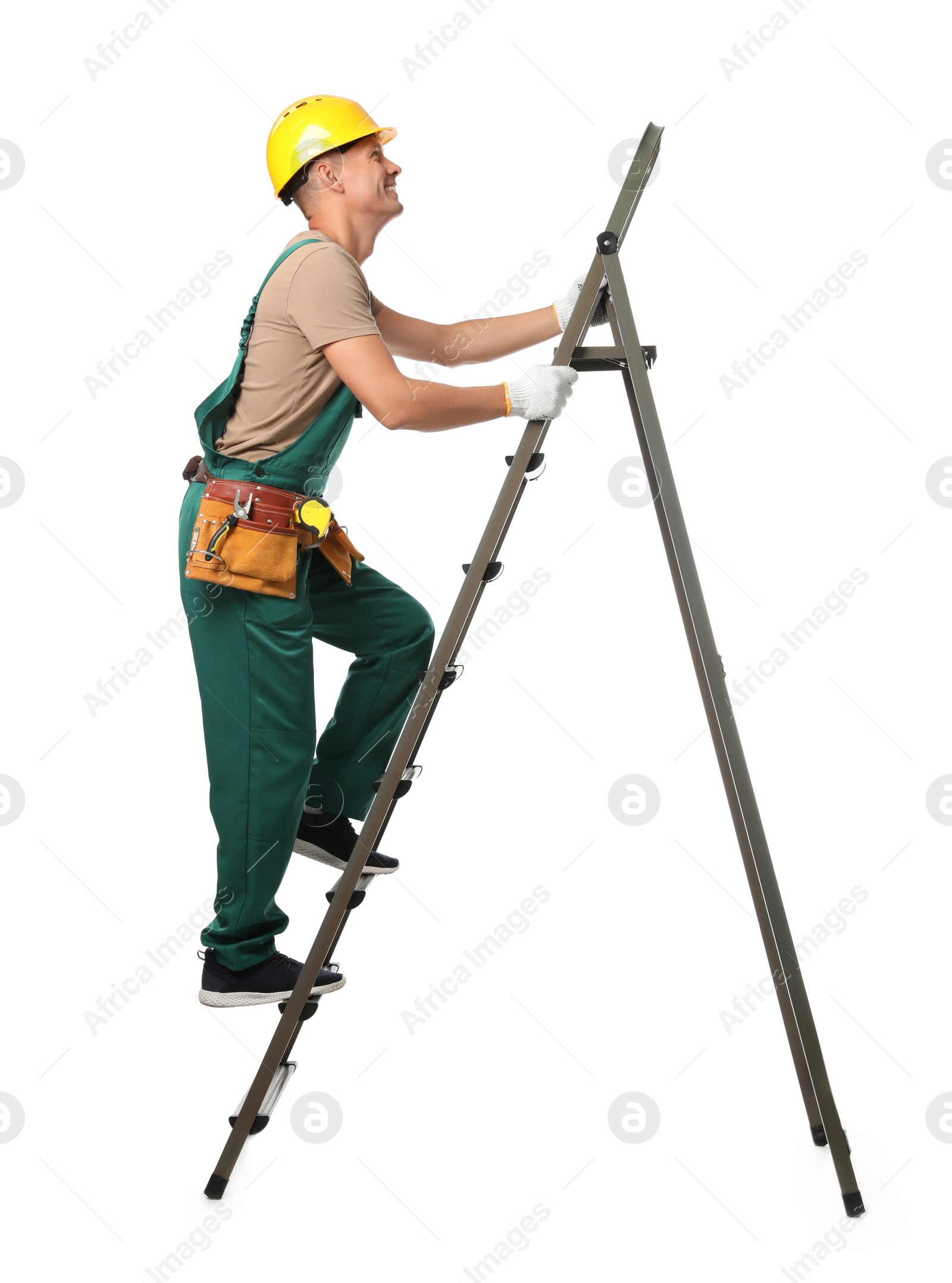 Photo of Professional constructor climbing ladder on white background