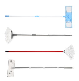 Image of Set of different mops on white background, top view