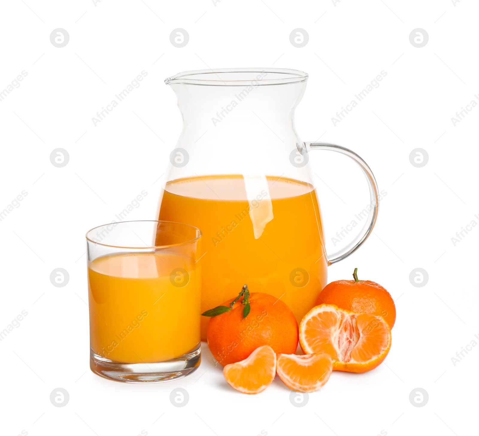 Photo of Jug and glass of tangerine juice with fruits isolated on white