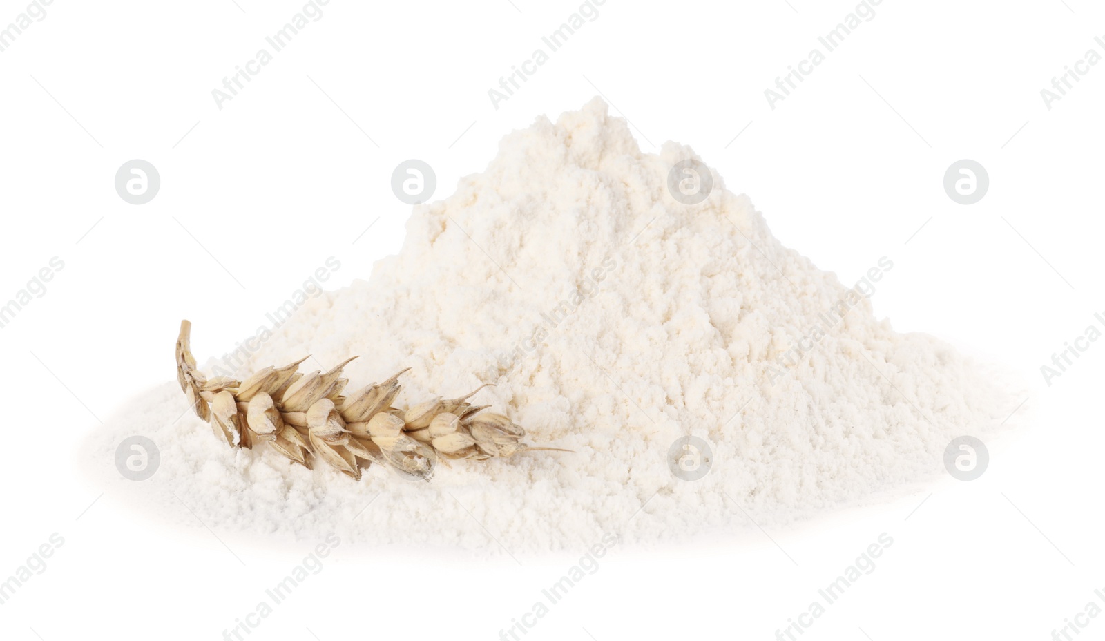 Photo of Pile of organic wheat flour isolated on white