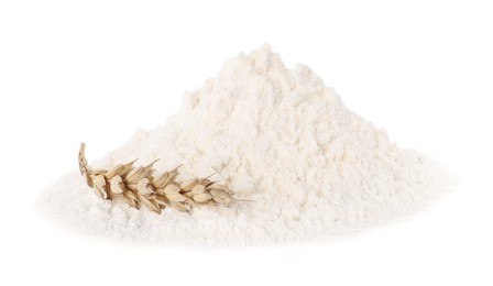 Photo of Pile of organic wheat flour isolated on white