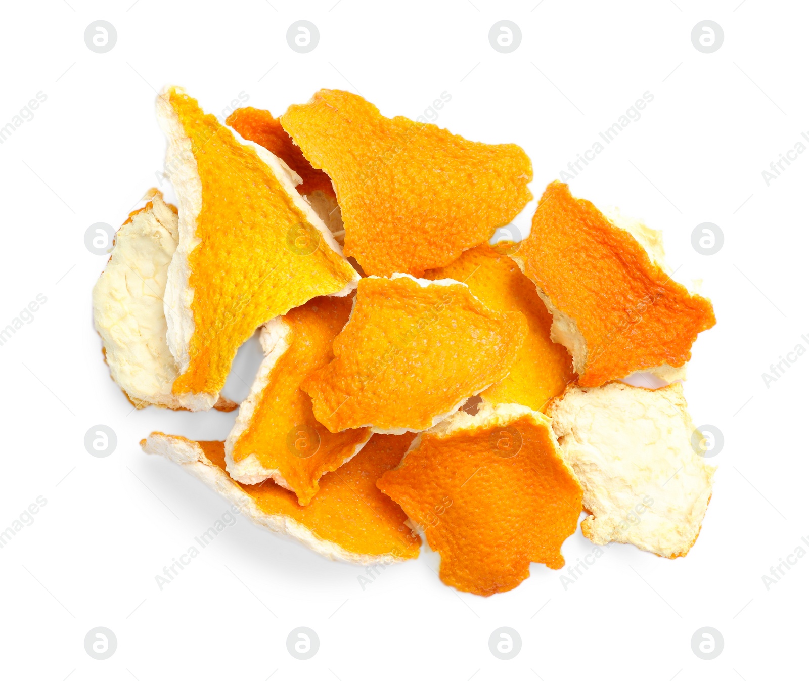 Photo of Pile of dry orange peels on white background, top view