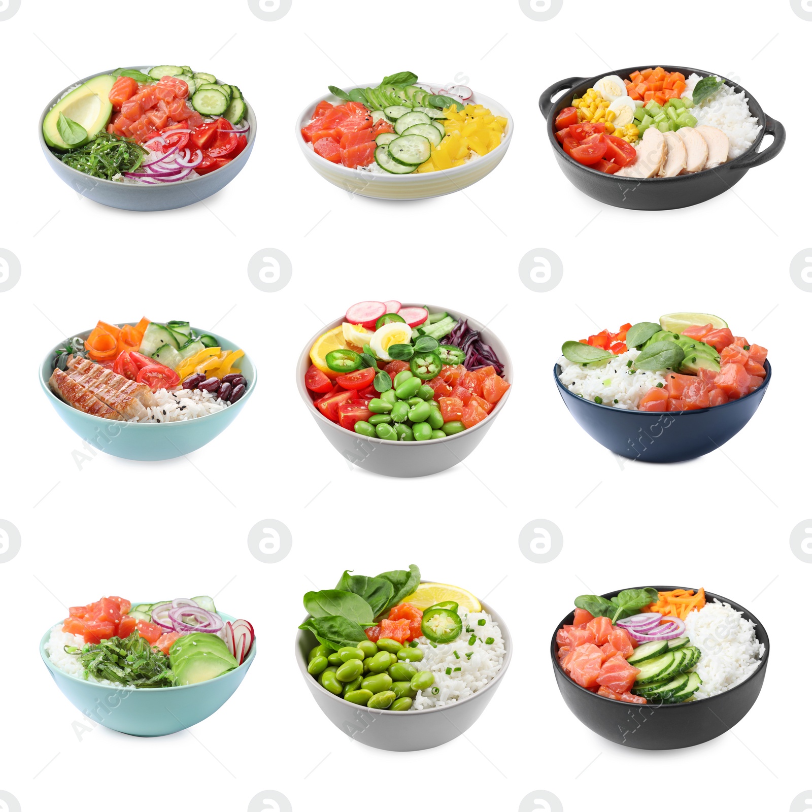 Image of Collage of different poke bowls isolated on white