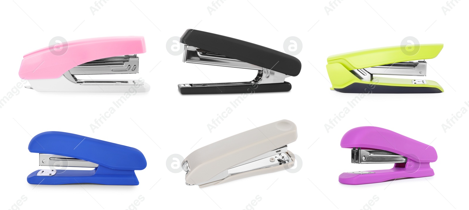 Image of Different colorful staplers isolated on white, collection