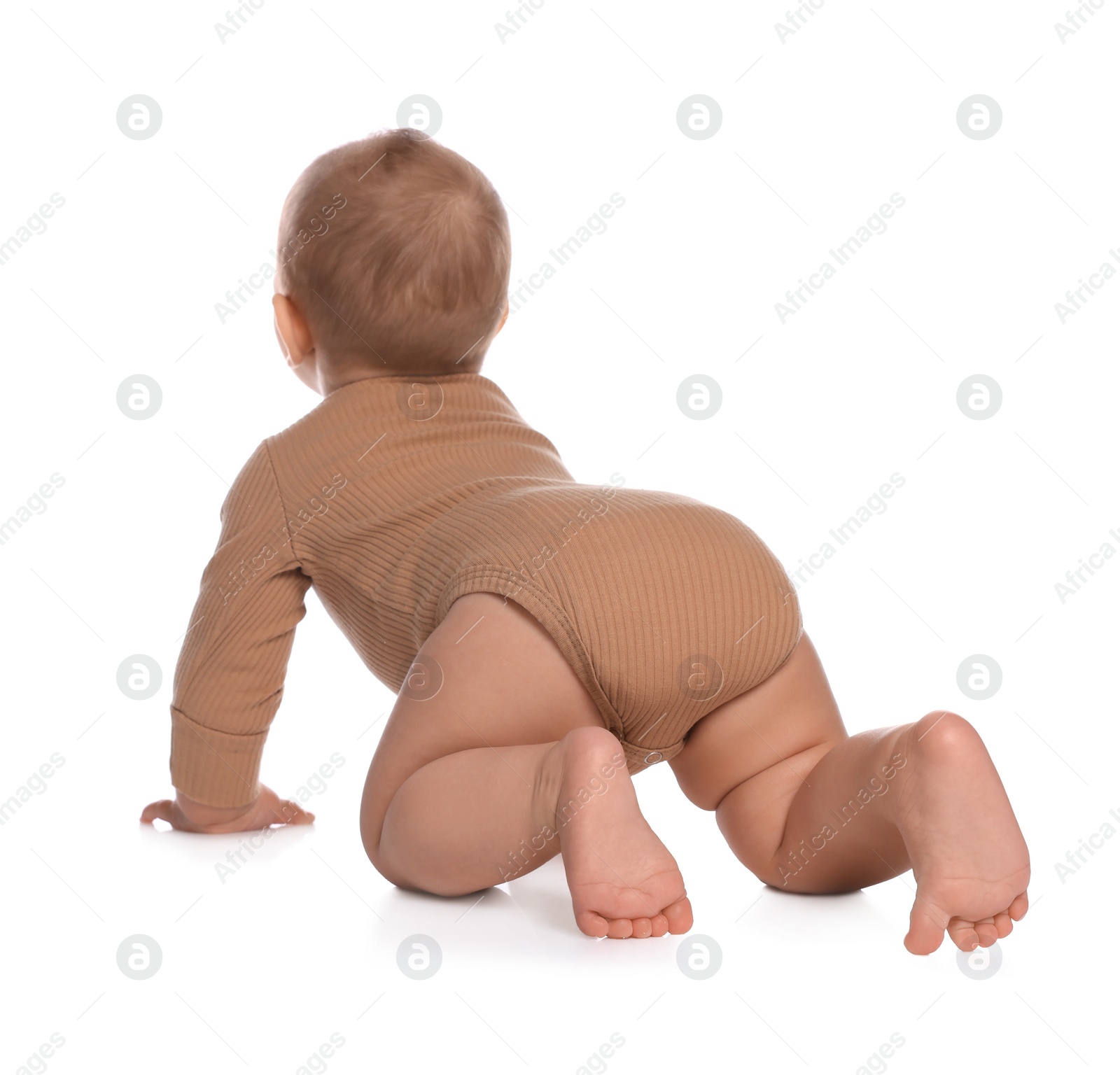 Photo of Cute little baby crawling on white background