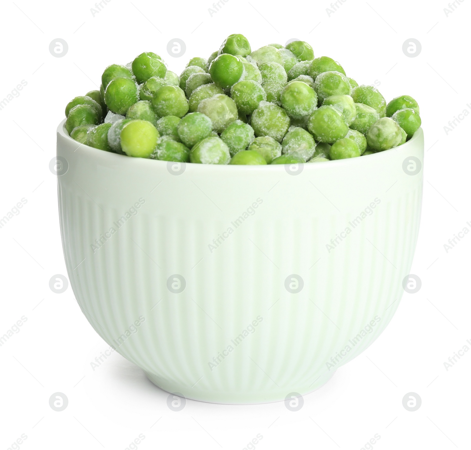 Photo of Frozen peas in bowl isolated on white. Vegetable preservation