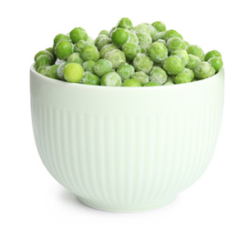 Photo of Frozen peas in bowl isolated on white. Vegetable preservation