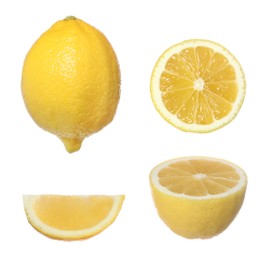 Image of Set with fresh ripe lemons on white background