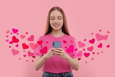 Long distance love. Woman chatting with sweetheart via smartphone on pink background. Hearts flying out of device and swirling around her