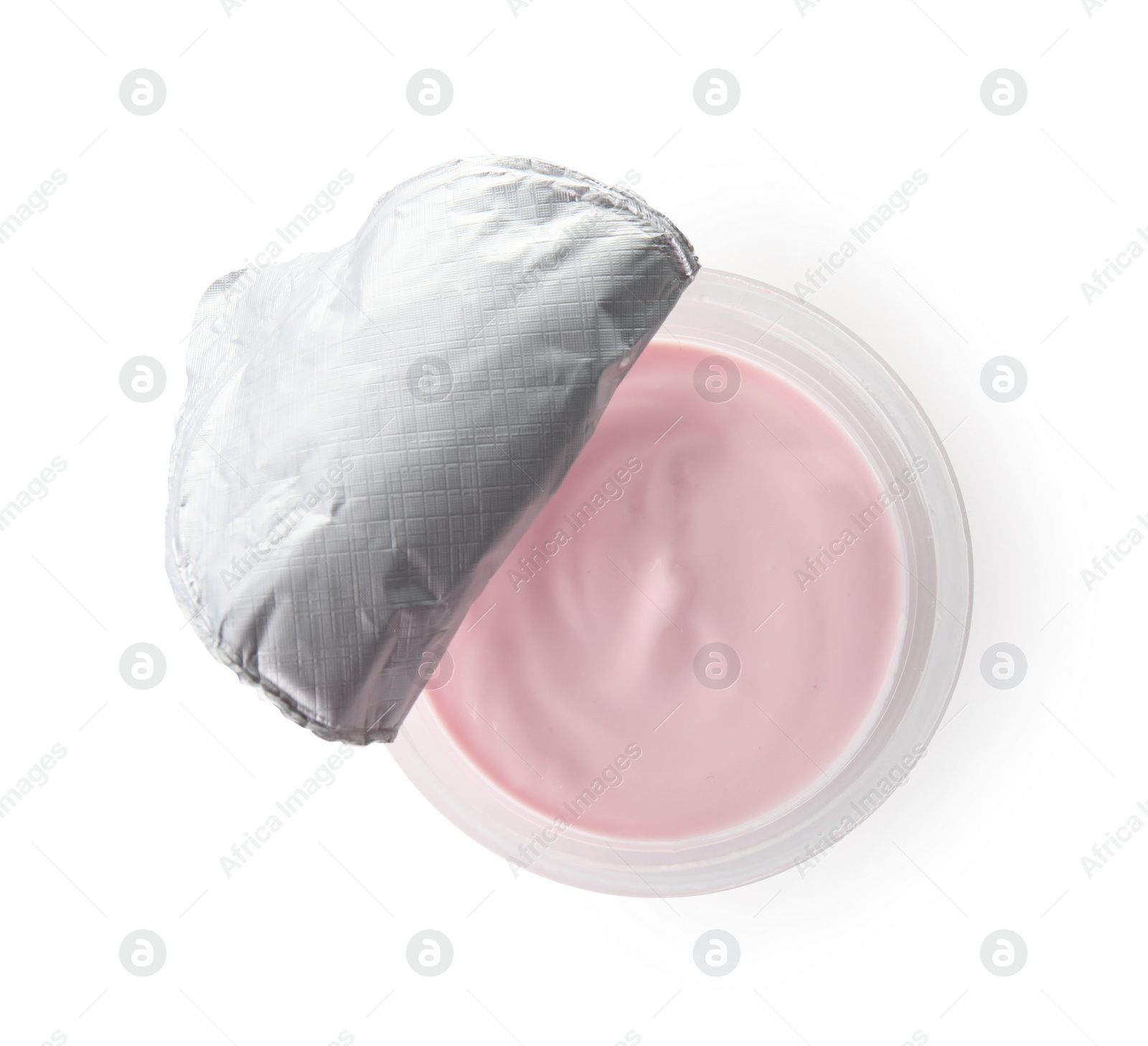 Photo of Plastic cup with creamy yogurt on white background, top view