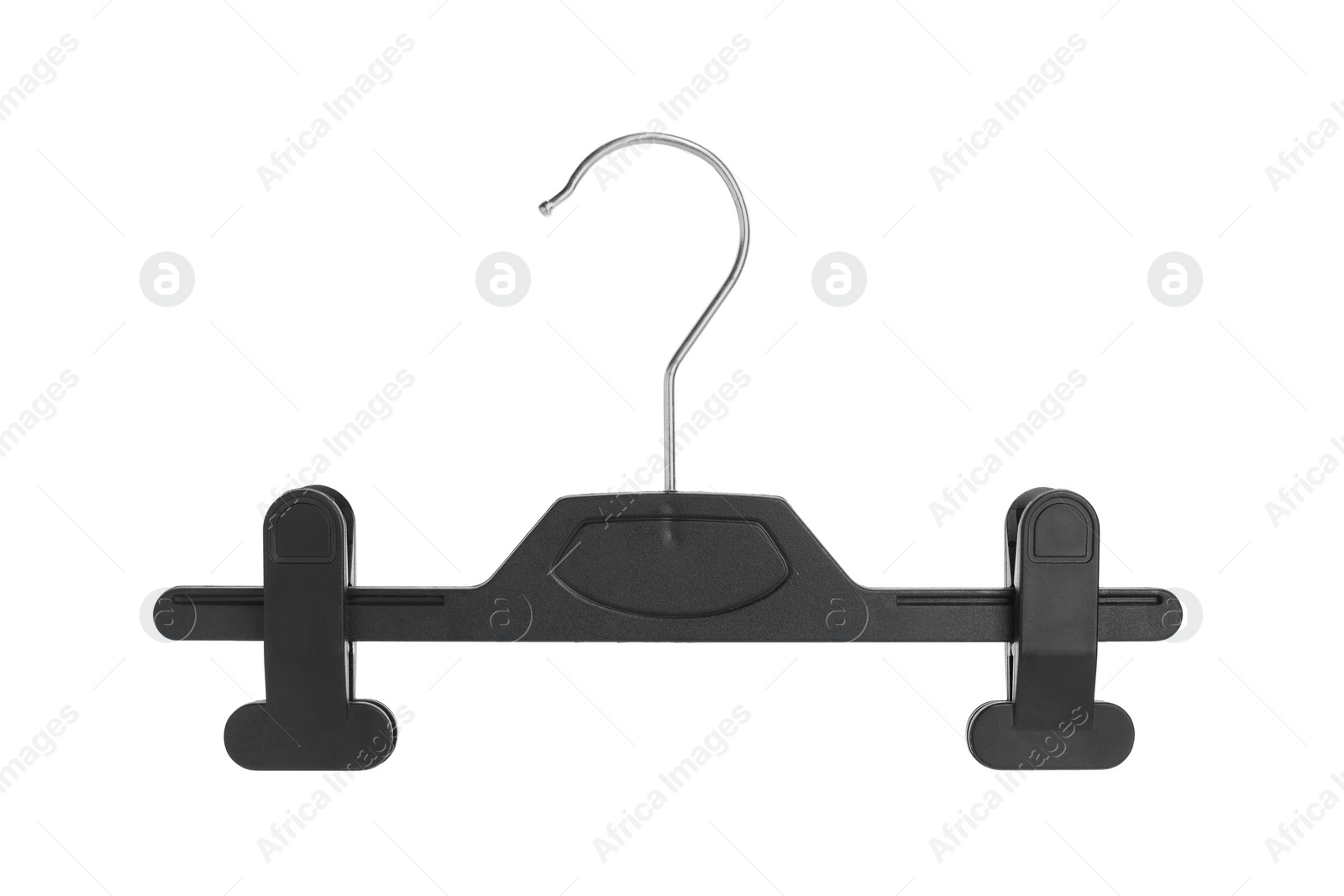 Photo of Empty black hanger with clips isolated on white