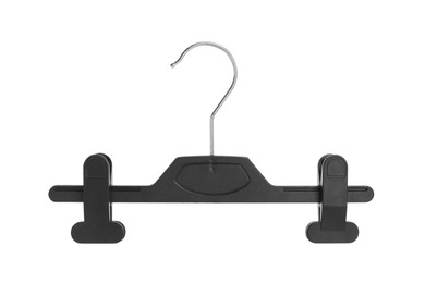 Empty black hanger with clips isolated on white