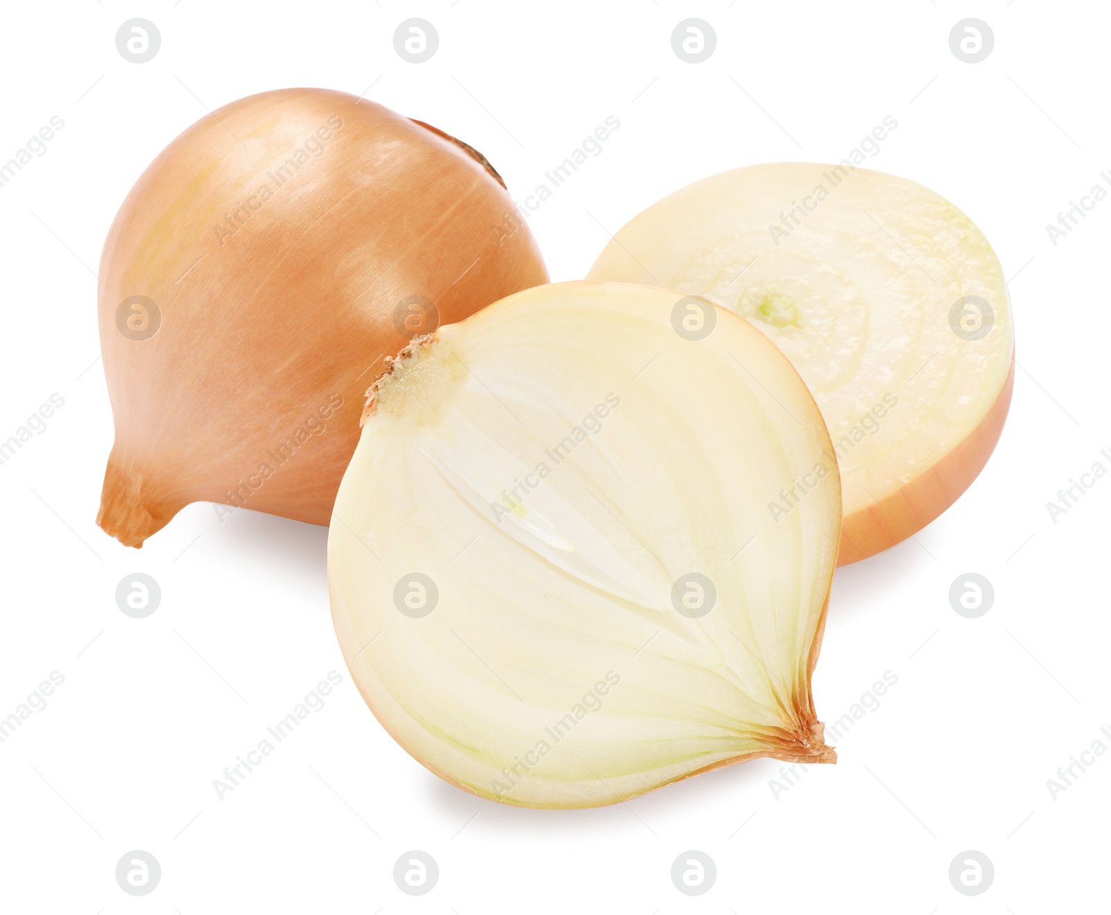 Photo of Whole and cut onions on white background