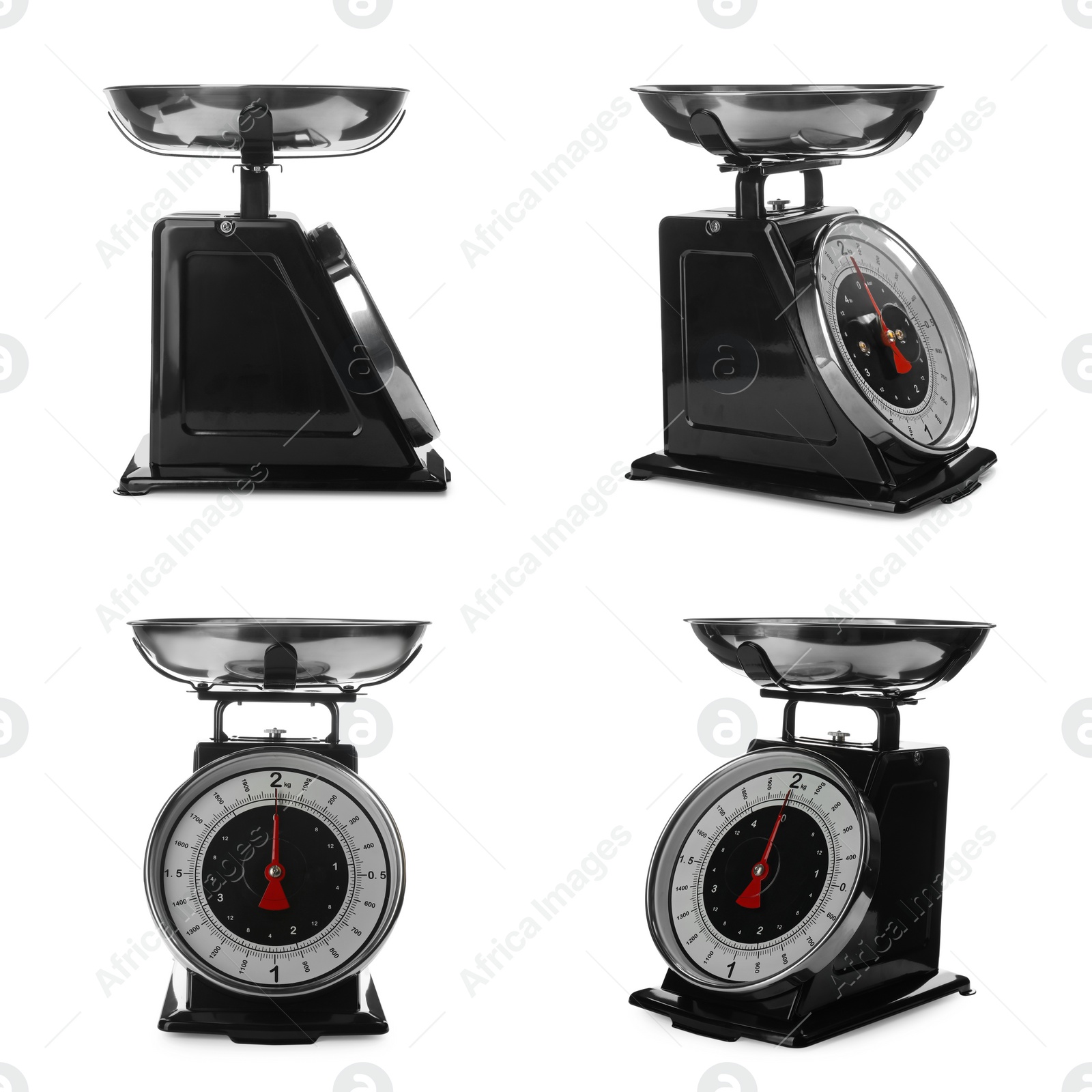 Image of Set with retro mechanical kitchen scales on white background 