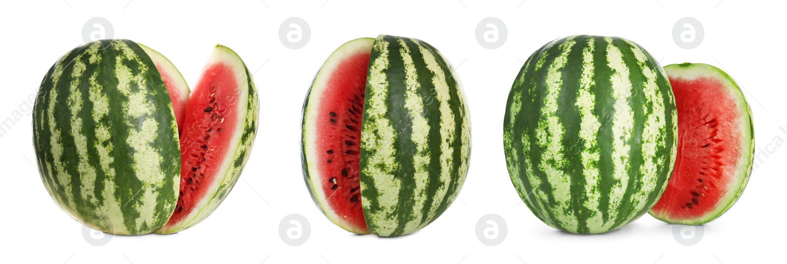 Image of Set of fresh watermelons on white background. Banner design