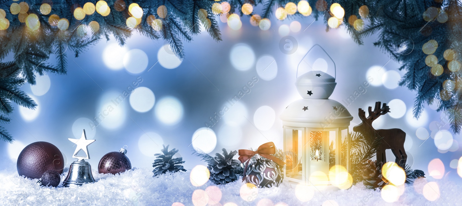 Image of Beautiful composition with vintage Christmas lantern and festive decorations on snow against color background, banner design. Bokeh effect