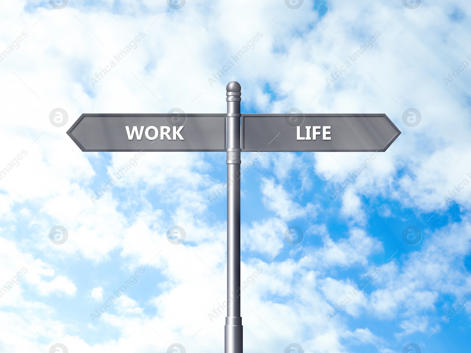 Image of Signpost against beautiful blue sky. Concept of balance between work and life