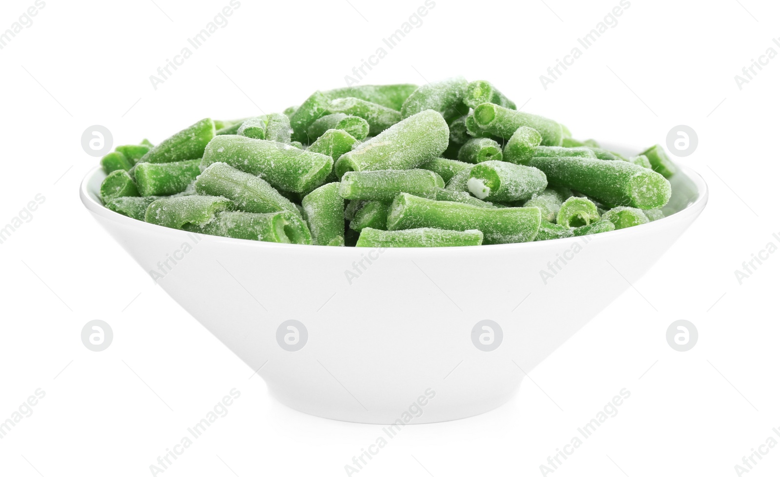 Photo of Frozen green beans in bowl isolated on white. Vegetable preservation