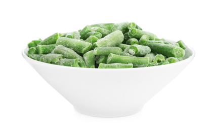 Photo of Frozen green beans in bowl isolated on white. Vegetable preservation